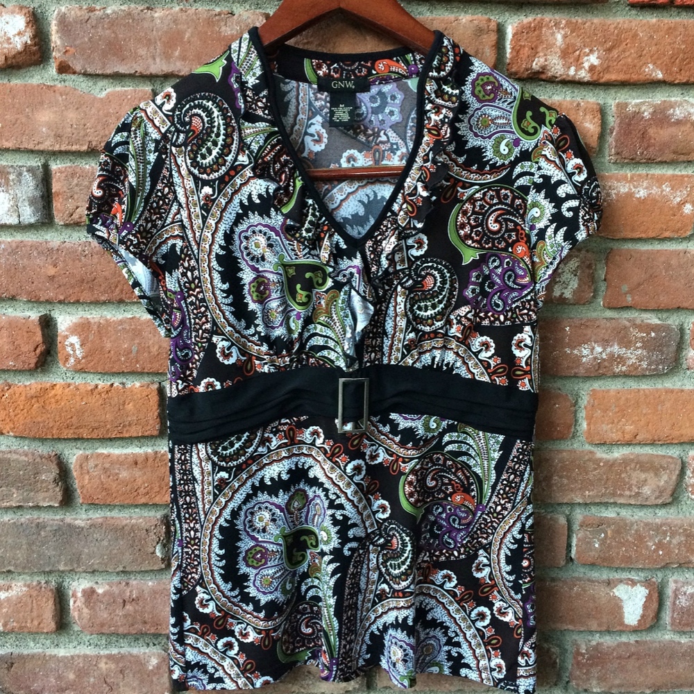 GNW Multi Color Ruffle V-Neck Paisley Blouse  - Size Medium - Picture 7 of 8